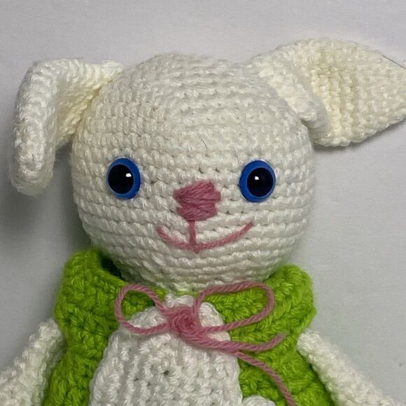 Handmade White Bunny Green Dress Button Eyes Pink Nose Mouth Bow - Picture 2 of 12